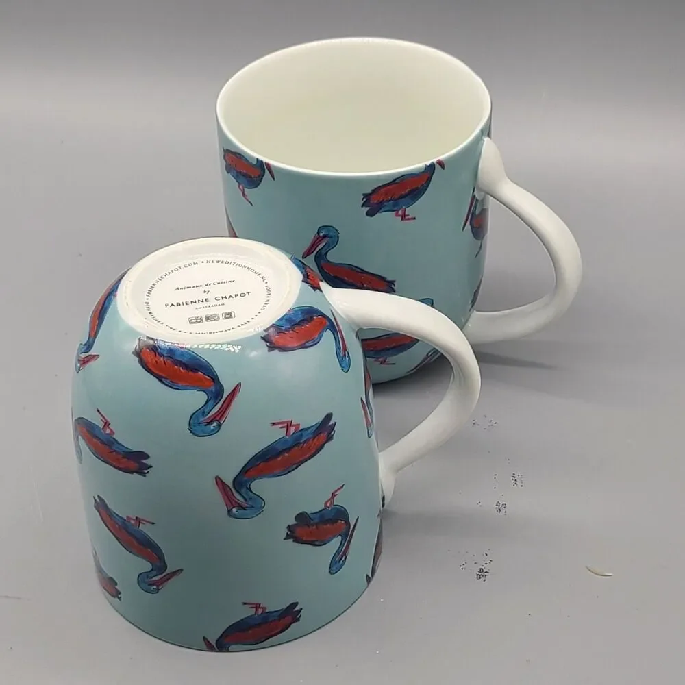Set (2) Fabienne Chapot Pelican Ceramic Coffee Mugs Cups 14 oz Netherlands New